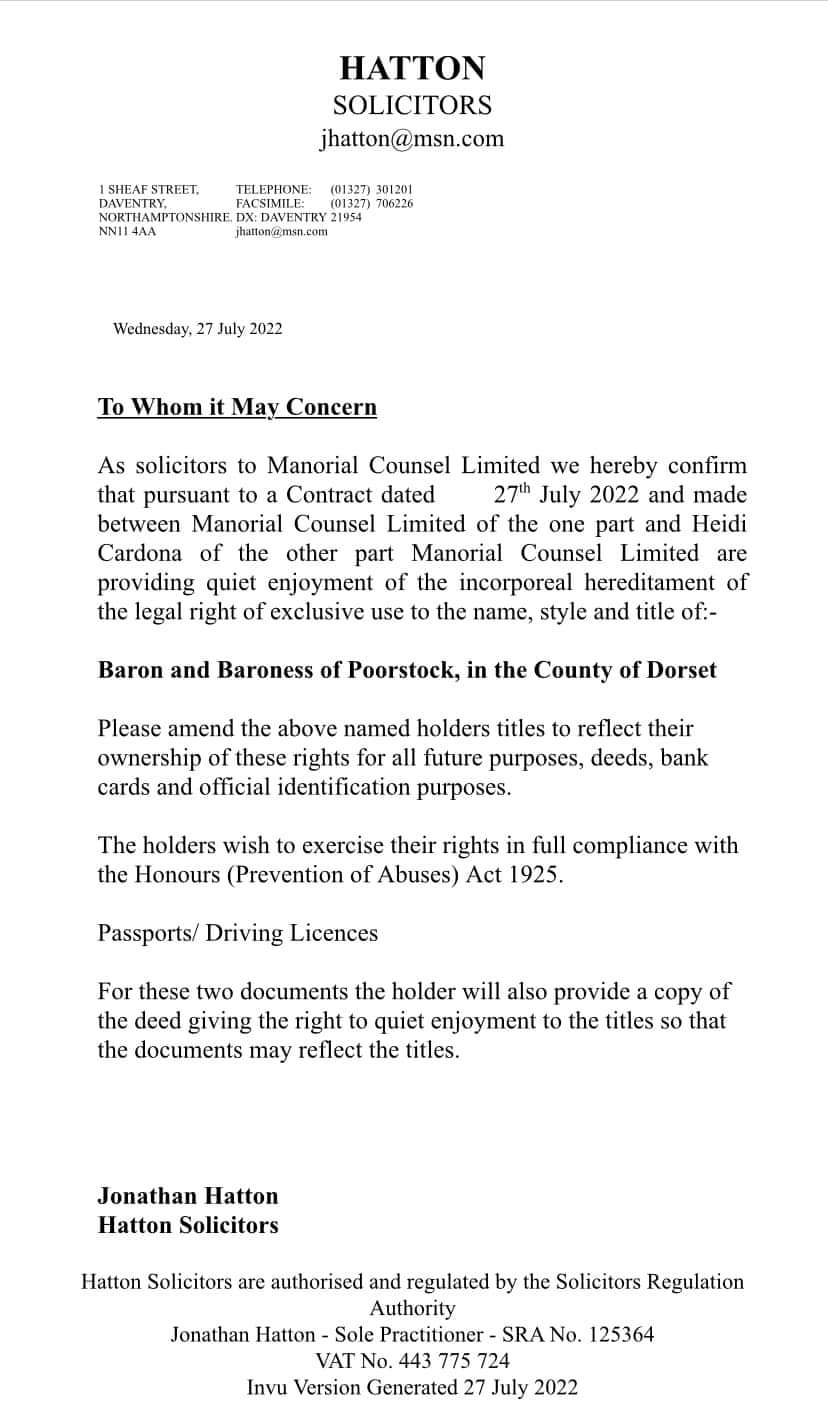 This legal letter proves that Manorial Counsel Ltd sell titles in name only of Quiet Enjoyment.